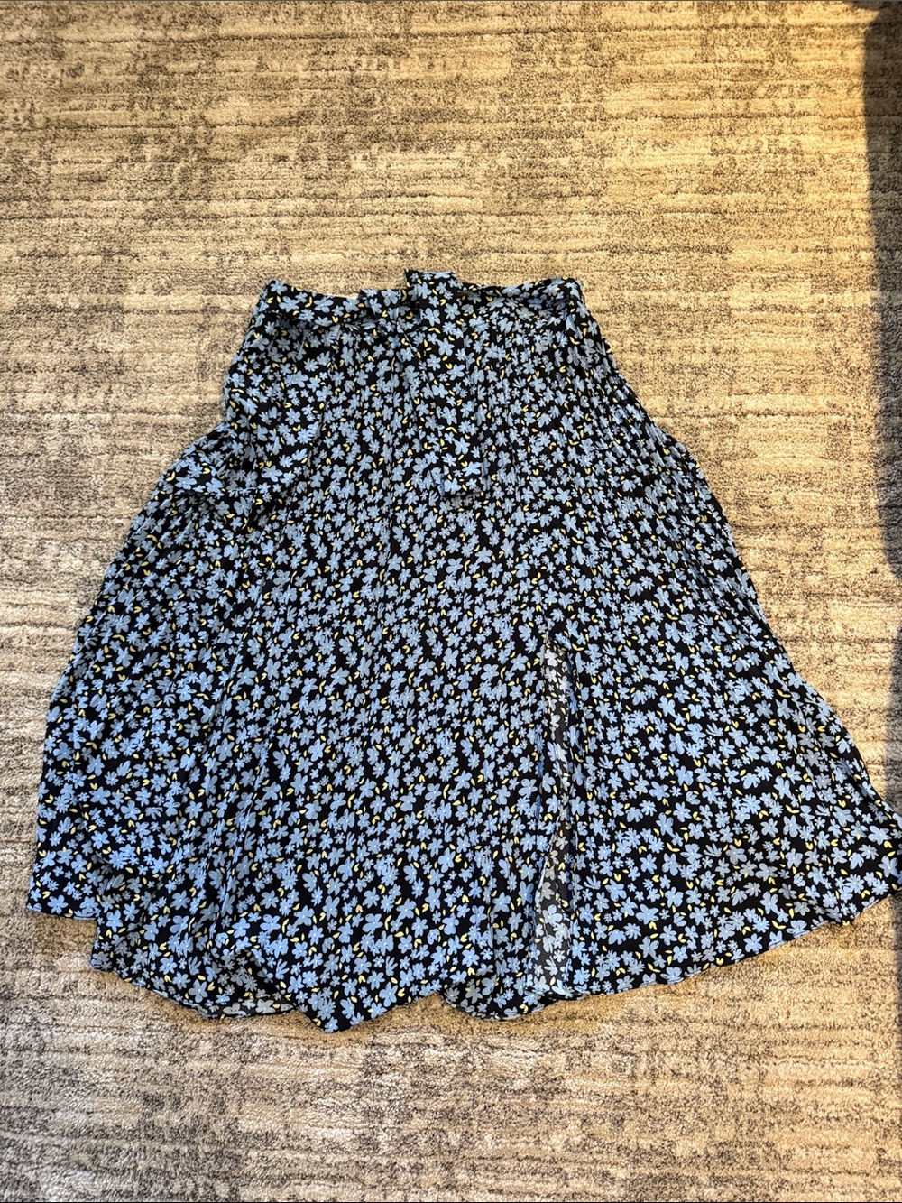 Skies Are Blue Black Midi Skirt with Light Blue Floral Print